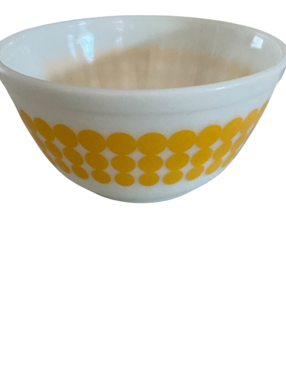 Vintage Pyrex glass nesting bowl yellow polka dot 1 1/2 quart 
#402 Made in USA